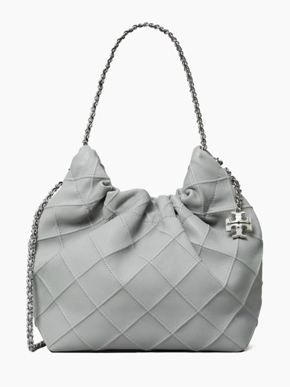 NWT Tory Burch
Fleming Mini Leather Hobo Bag in Pale Gray with Silver Hardware